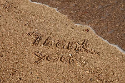 thank you, gratitude concept, beautiful card, word written on sand beach.