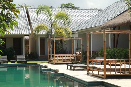 Luxury swimming pool in the tropical hotel.