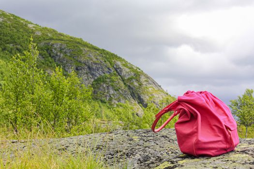 Pink woman's bag forgotten in Norwegian countryside in Hemsedal, Norway.