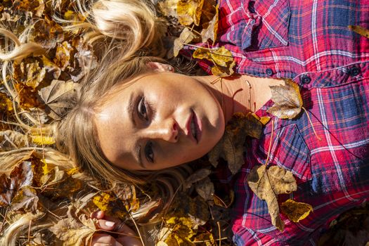 A gorgeous blonde model enjoys a Autumn day outdoors in a park