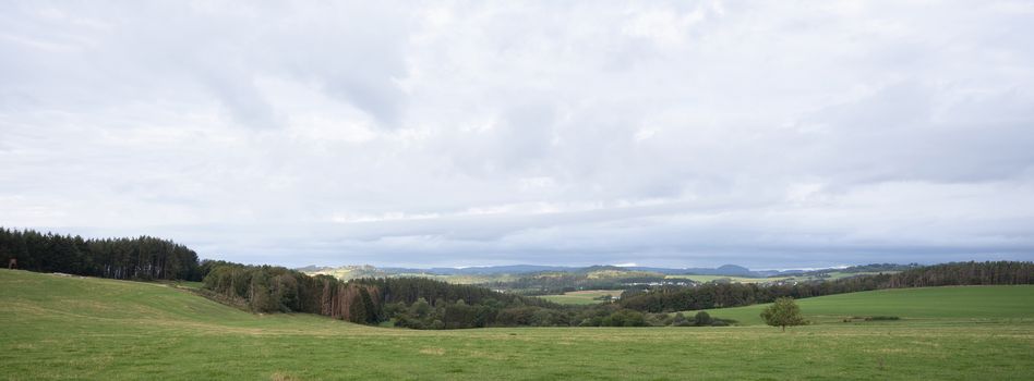 meadows and forest in rural landscpae of german vulkaneifel in summer under cloudy sky