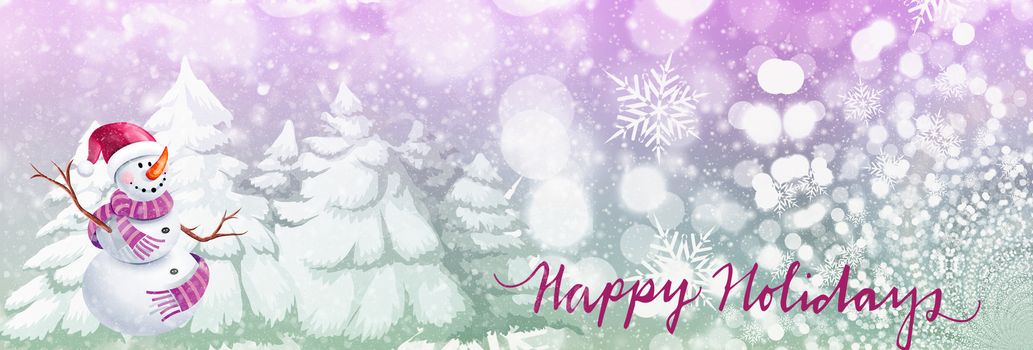 Background for a Christmas greeting card with a picture of a winter landscape, a snowman and a greeting inscription