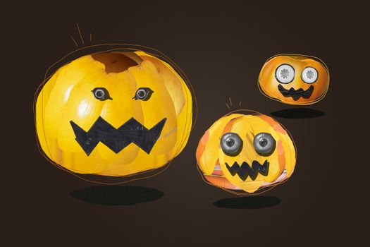 Funny and terrifying Halloween pumpkins, created with the photographic collage technique, can be cut out with the vector stroke included in the image.