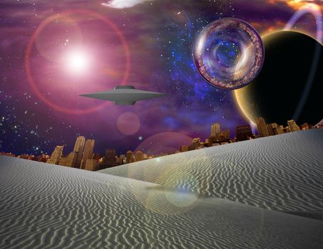 Giant interstaller vehicle contains city floats over sand landscape. 3D rendering