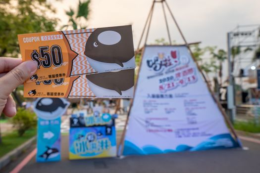 Tainan, Taiwan - Sep. 14, 2020: Anping ORCA GO Carnival Festival landmark park in the evening.
