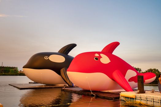 Tainan, Taiwan - Sep. 14, 2020: Anping ORCA GO Carnival Festival landmark park in the evening.
