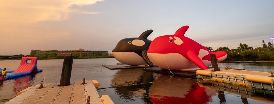 Tainan, Taiwan - Sep. 14, 2020: Anping ORCA GO Carnival Festival landmark park in the evening.