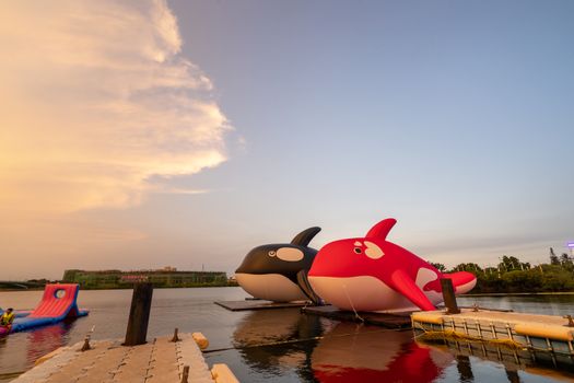 Tainan, Taiwan - Sep. 14, 2020: Anping ORCA GO Carnival Festival landmark park in the evening.