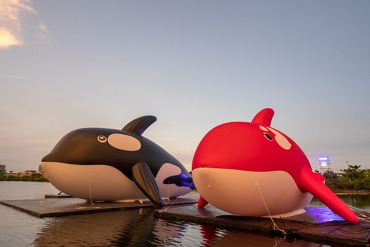 Tainan, Taiwan - Sep. 14, 2020: Anping ORCA GO Carnival Festival landmark park in the evening.