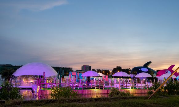 Tainan, Taiwan - Sep. 14, 2020: Anping ORCA GO Carnival Festival landmark park in the evening.