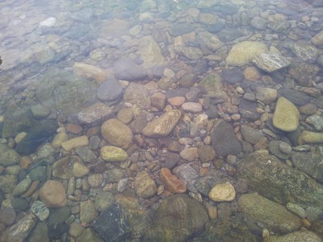 Transparent water surface with copy space for background and texture. Transparent water texture with view of stones under water.