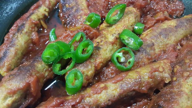 Closeup view of delicious spicy home made fried kebab with green mint leaves and green pepper sprinkled on it