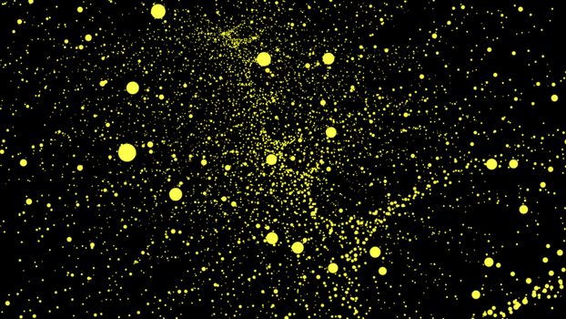 Black abstract texture background with glittery colored shiny bokeh spheres. Sparkling glittered particles on black background for placard, banner and greeting cards.