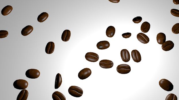 Scattered roasted coffee beans background with copy space for text and advertisements. Coffee beans are healthy for human brain and nervous system. 3D rendering