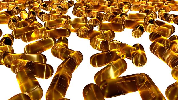 Colorful capsule pills (3d rendered) with transparent gel body and shining looks over a white background.