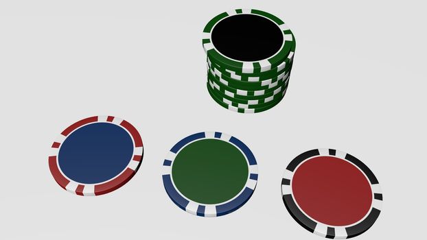Set of poker chips of different colors and composition isolated on white background.