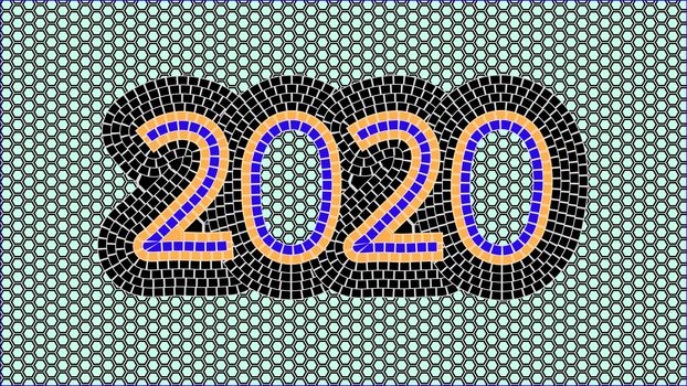 2020 typography on a mosaic background. Year 2020 greeting card with mosaic decorative colorful design.