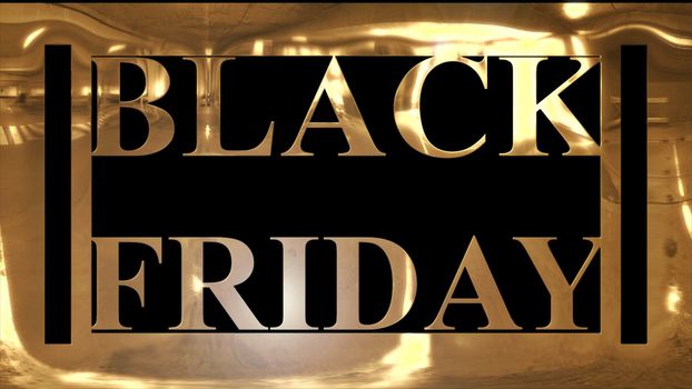 Golden and shining text of "BLACK FRIDAY" with golden frame and dark black background
