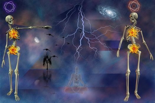 Spiritual composition with skeletons and atoms. Life and Death. 3D rendering