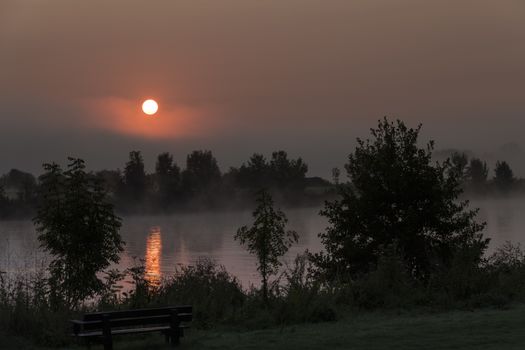 sunrise in the early morning over the river maas in limburg in holland with the trees mist and hazy fog