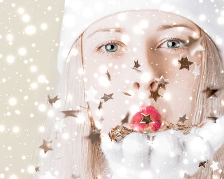 Christmas and glitter snow background, blonde woman with positive emotion in winter season for shopping sale and holiday brands