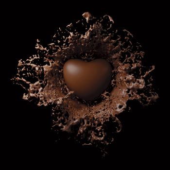 Chocolate heart splash on black background 3d render