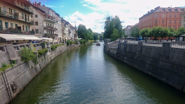 Ljubljana, Slovenia, July 2017: View on Ljubljanica, river in the city of Ljubljana, Slovenia