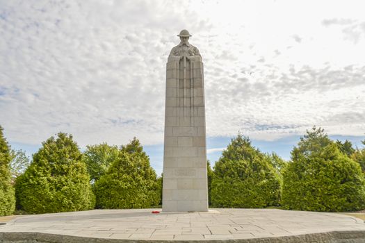 Langemark, Belgium, August 2018: Brooding Soldier at Saint Julien Memorial. Canadian WW1 war monument
