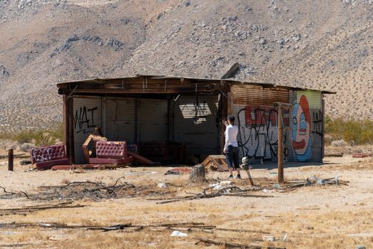 Abandoned house camper trailer in the middle of the desert in California's Mojave desert, near Ridgecrest. 