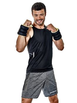 one caucasian fitness man exercising cardio boxing exercises in studio  isolated on white background