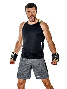 one caucasian fitness man exercising cardio boxing exercises in studio  isolated on white background