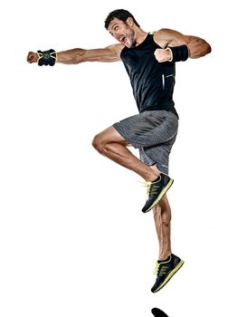 one caucasian fitness man exercising cardio boxing exercises in studio  isolated on white background