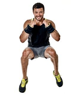 one caucasian fitness man exercising cardio boxing exercises in studio  isolated on white background