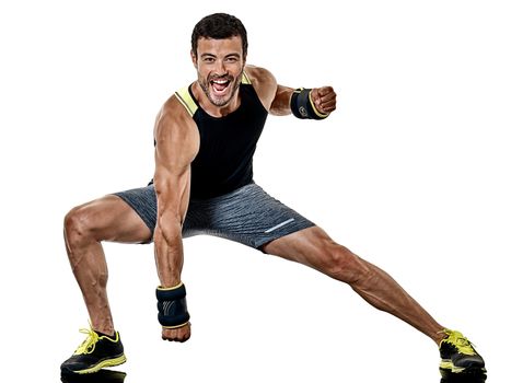 one caucasian fitness man exercising cardio boxing exercises in studio  isolated on white background