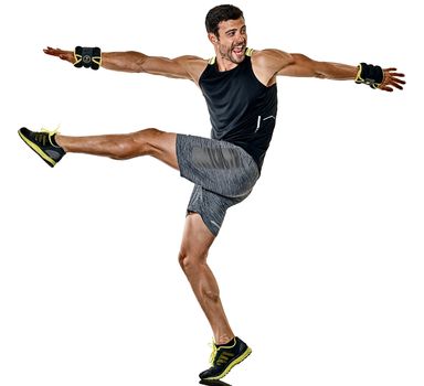 one caucasian fitness man exercising cardio boxing exercises in studio  isolated on white background