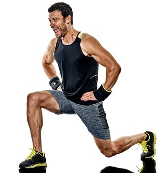 one caucasian fitness man exercising cardio boxing exercises in studio  isolated on white background