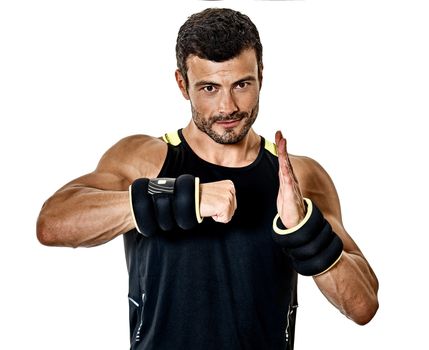 one caucasian fitness man exercising cardio boxing exercises in studio  isolated on white background