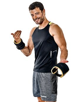 one caucasian fitness man exercising cardio boxing exercises in studio isolated on white background