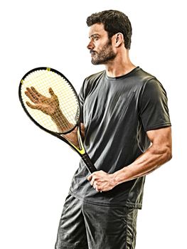 one caucasian mature tennis player man in studio isolated on white background