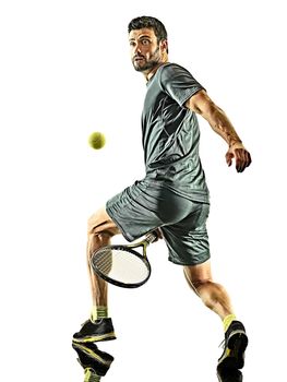 one caucasian mature tennis player man in studio isolated on white background