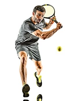 one caucasian mature tennis player man backhand silhouette full length in studio isolated on white background