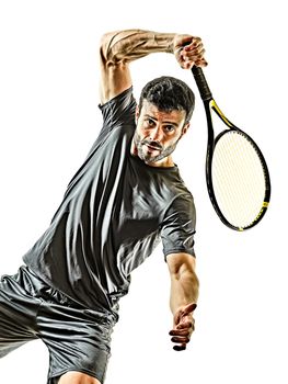 one caucasian mature tennis player man forehand front view in studio isolated on white background