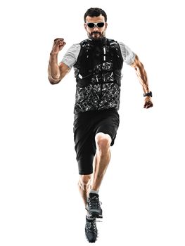 one caucasian man trail runner running silhouette isolated on white background