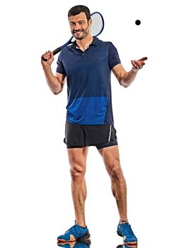 one caucasian mature man practicing squash player in studio isolated on white background