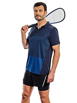 one caucasian mature man practicing squash player in studio isolated on white background