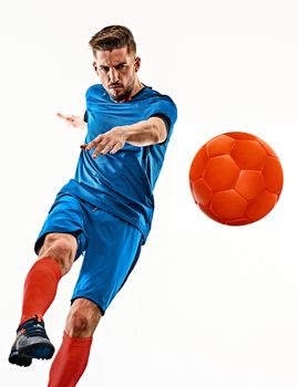 one caucasian youg soccer player man standing in studio isolated on white background