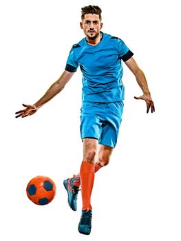 one caucasian youg soccer player man standing in studio isolated on white background