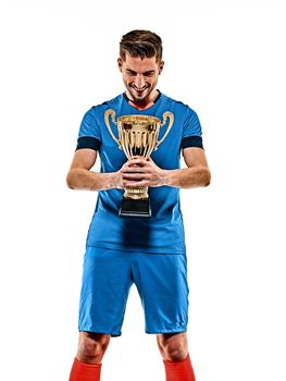 one caucasian youg soccer player man standing in studio isolated on white background