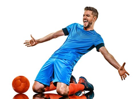 one caucasian youg soccer player man standing in studio isolated on white background