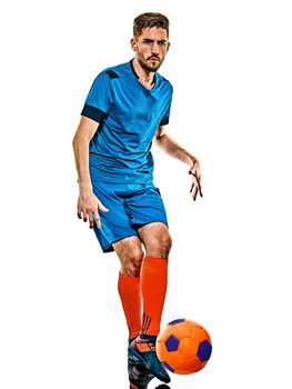 one caucasian youg soccer player man standing in studio isolated on white background